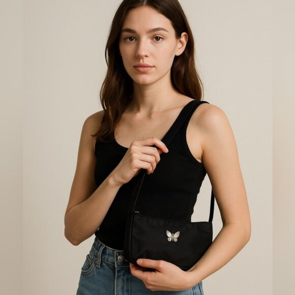 Minimalist Women's Butterfly Accent Black Nylon Shoulder Bag Medium - Picture 1 of 5